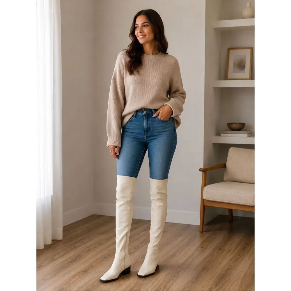 Schutz Womens Egg Shell Guily Up Square Toe Over The Knee High Boots Size 7